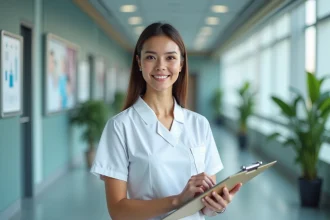 Infirmière souriante en blouse blanche dans un hôpital