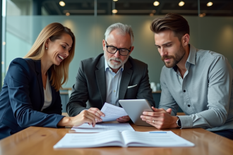 Groupe de professionnels discutant de documents d'assurance
