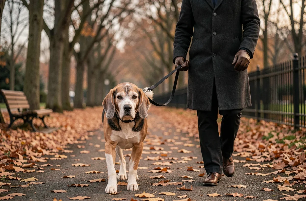 Homme promenant son vieux chien beagle dans un parc en automne, évoquant la vie quotidienne avec un animal senior et l'utilité d'une assurance adaptée