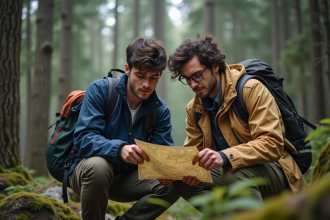 Deux jeunes hommes étudient une carte en forêt dense