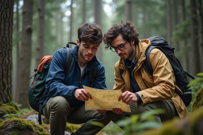 Deux jeunes hommes étudient une carte en forêt dense