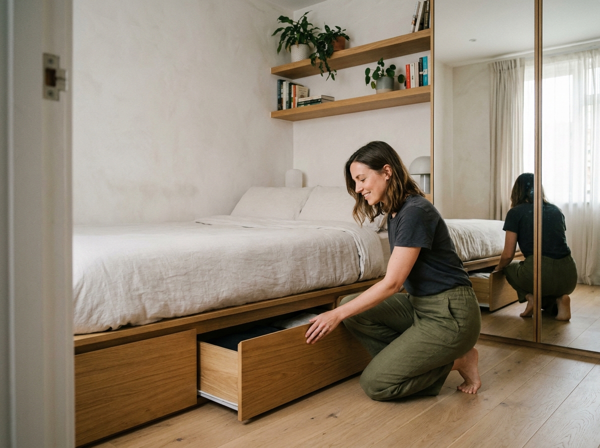 Femme utilisant un tiroir de rangement sous un lit plateforme dans une petite chambre urbaine avec étagères flottantes et miroir mural