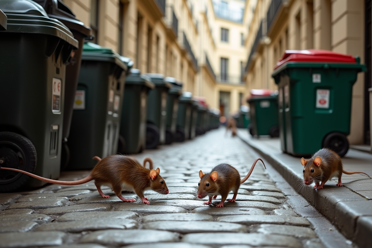 Rats bruns courant dans une rue pavée parisienne avec poubelles