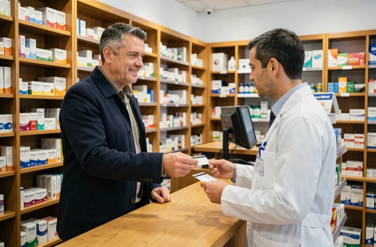 Homme utilisant sa carte de mutuelle santé dans une pharmacie française lors d'un remboursement