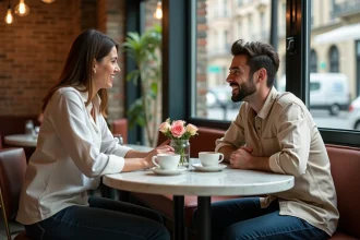 Rencontre trans sérieuse dans un café parisien, femme transgenre et homme discutant chaleureusement autour d'un café