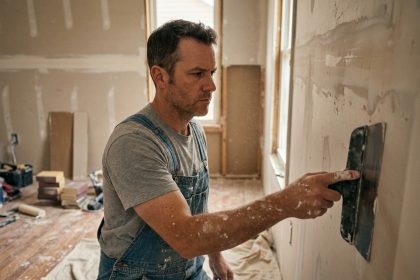 Homme en train d'enduire un mur en placo lors d'une rénovation intérieure maison