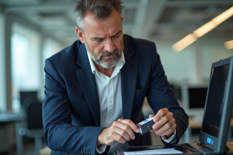 Manager d'entreprise examinant une imprimante avec cartouche vide