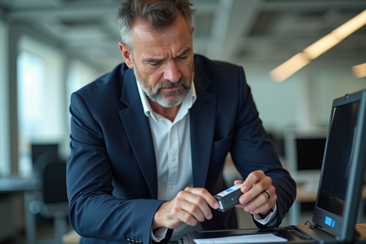 Manager d'entreprise examinant une imprimante avec cartouche vide