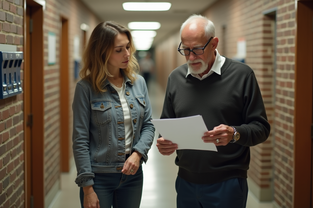 Homme et femme examinant un bail dans un couloir d