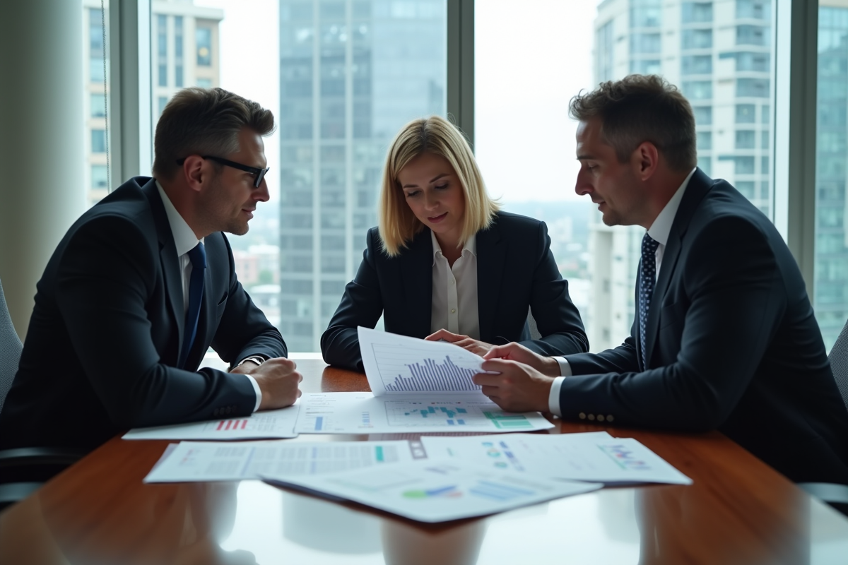 Groupe de professionnels analysant des graphiques en réunion