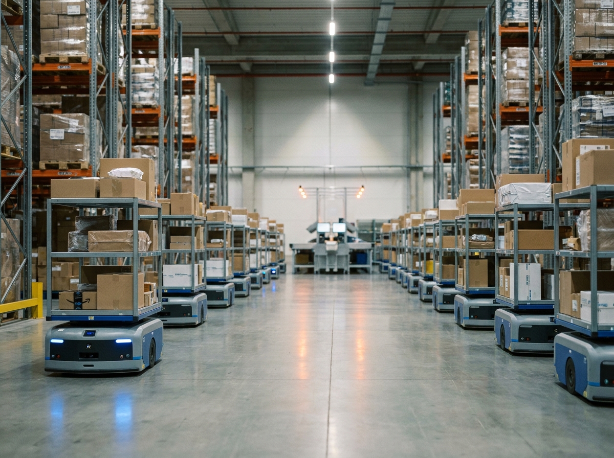 Flotte de robots mobiles autonomes transportant des marchandises dans un centre de distribution logistique automatisé