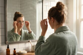 Femme en robe de chambre qui met ses lunettes devant le miroir de la salle de bain le matin