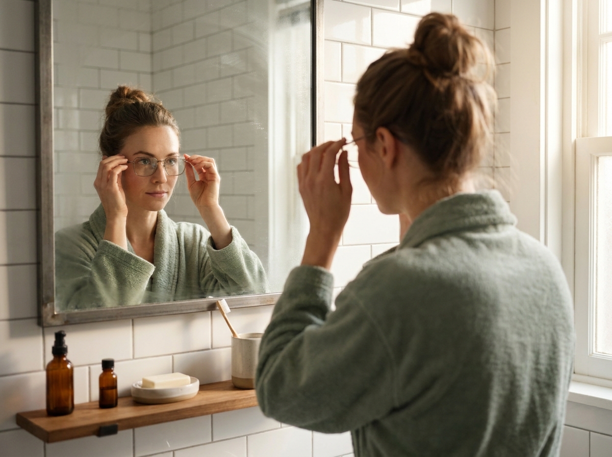 Femme en robe de chambre qui met ses lunettes devant le miroir de la salle de bain le matin