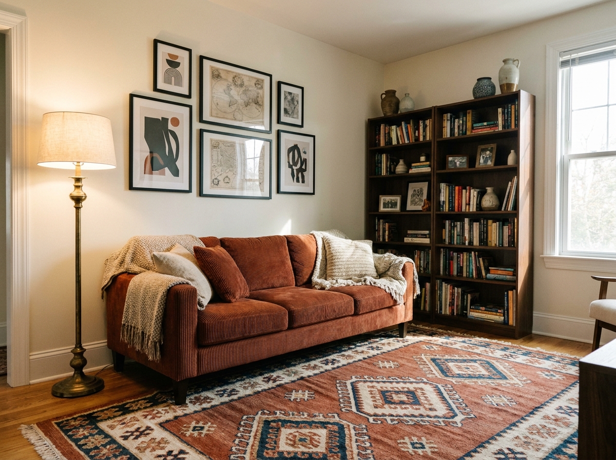 Salon complet avec canapé velours côtelé terracotta, tapis marocain et bibliothèque en noyer dans une ambiance chaleureuse