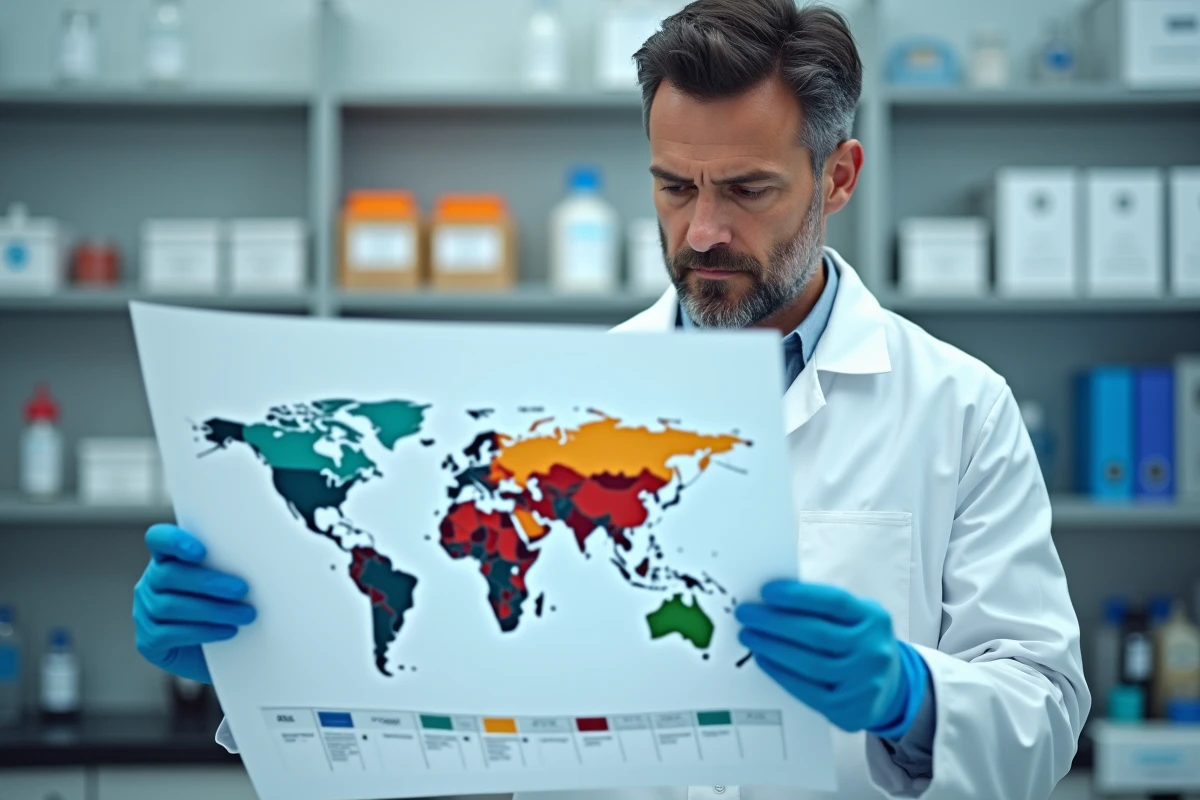 Scientifique en laboratoire tenant une carte mondiale illustrant la répartition géographique des yeux bleus par population et région