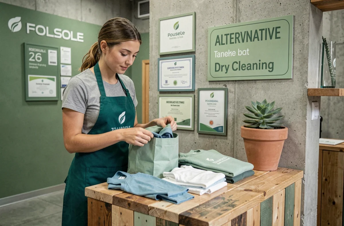 Employée de Sequoia Pressing à Toulouse triant des vêtements dans des sacs biodégradables sur un comptoir en bois recyclé