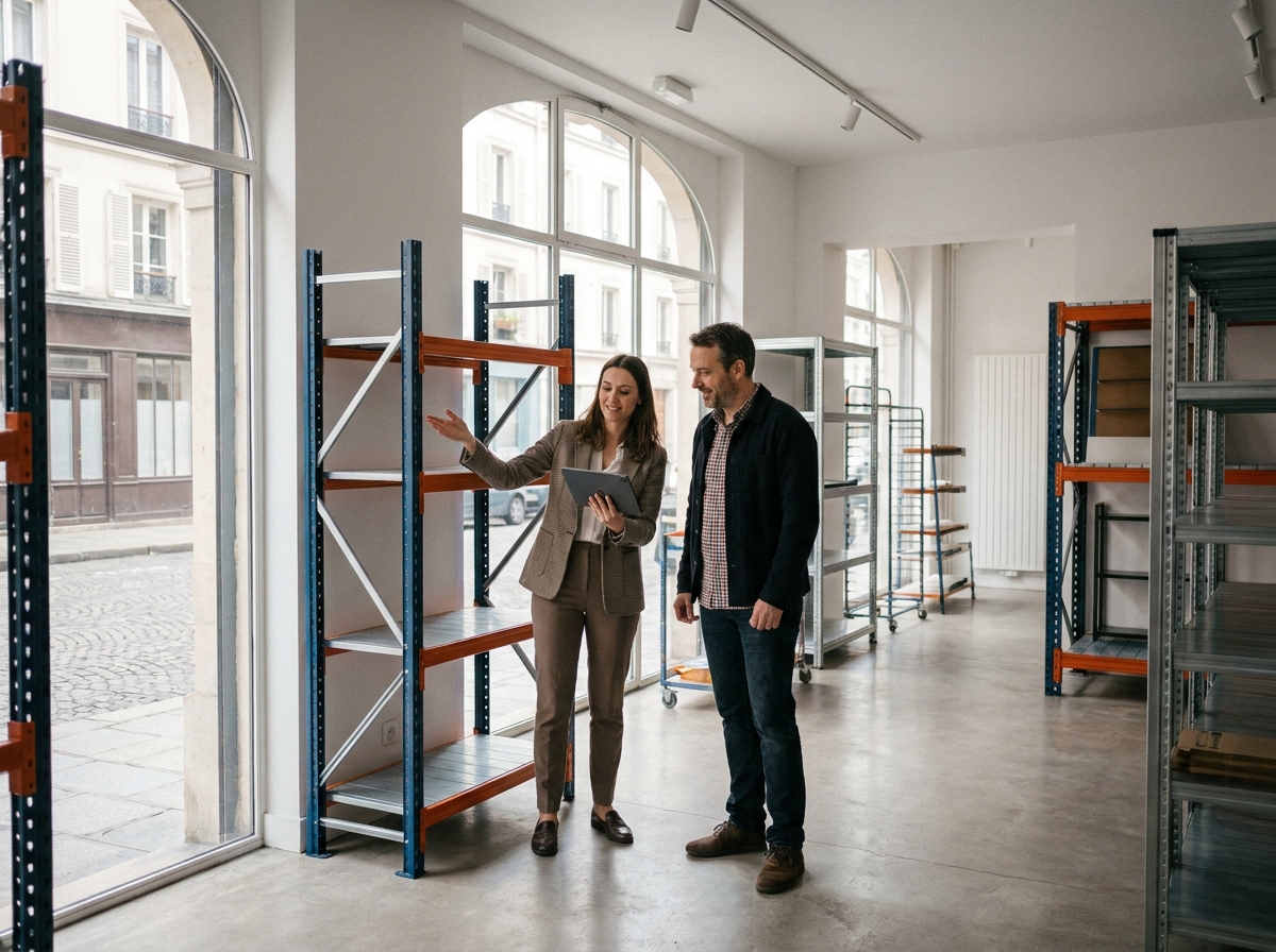Showroom de rayonnages industriels avec conseillère commerciale présentant des solutions de stockage modulaires à un client professionnel
