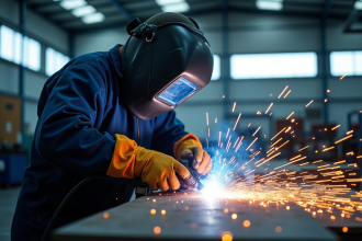 Soudeur en action dans un atelier lumineux avec étincelles