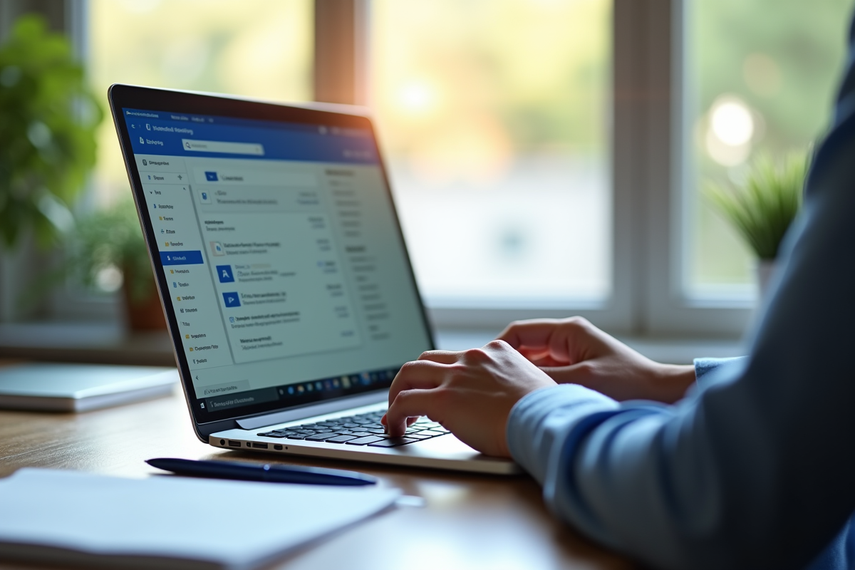 Bureau moderne avec ordinateur portable affichant Outlook
