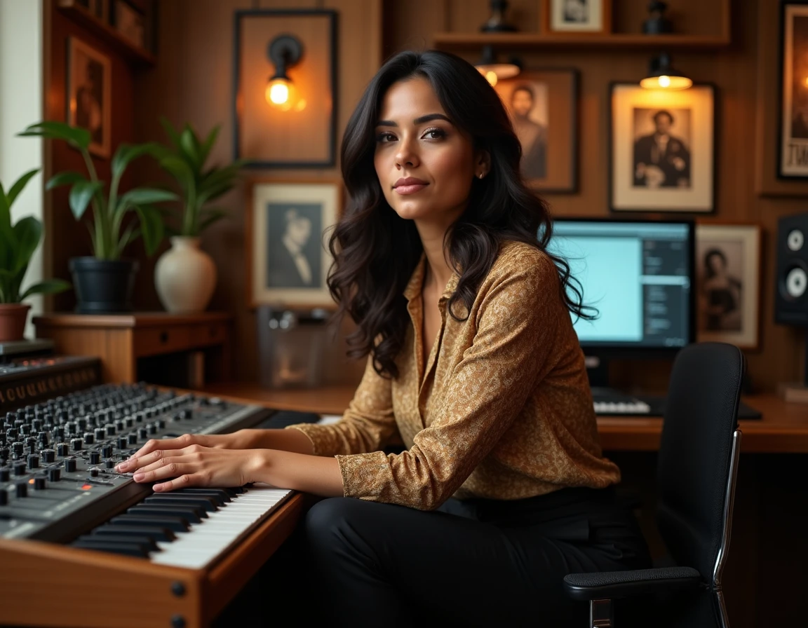 Femme latina assise devant une console d'enregistrement vintage dans un studio décoré d'objets culturels portoricains, symbolisant l'influence des origines sur la création musicale