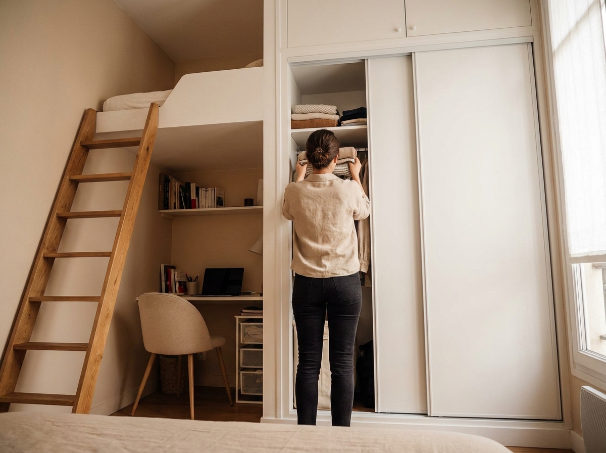 Femme rangeant des textiles dans une armoire encastrée dans un studio parisien avec mezzanine, optimisant l'espace vertical
