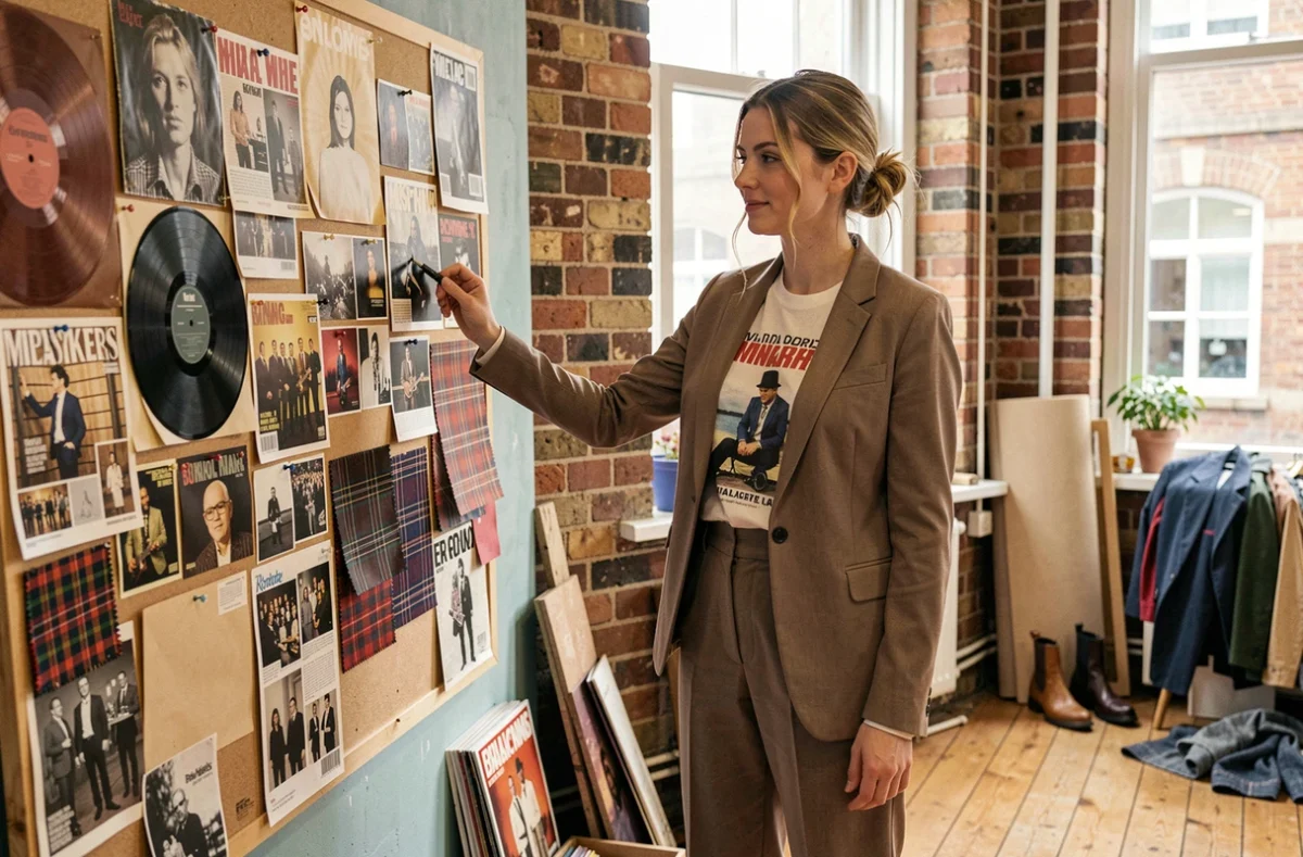 Styliste de mode arrangeant un moodboard inspiré de l'esthétique des groupes anglais avec coupures de magazines musicaux et échantillons de tissu dans un studio créatif à Londres