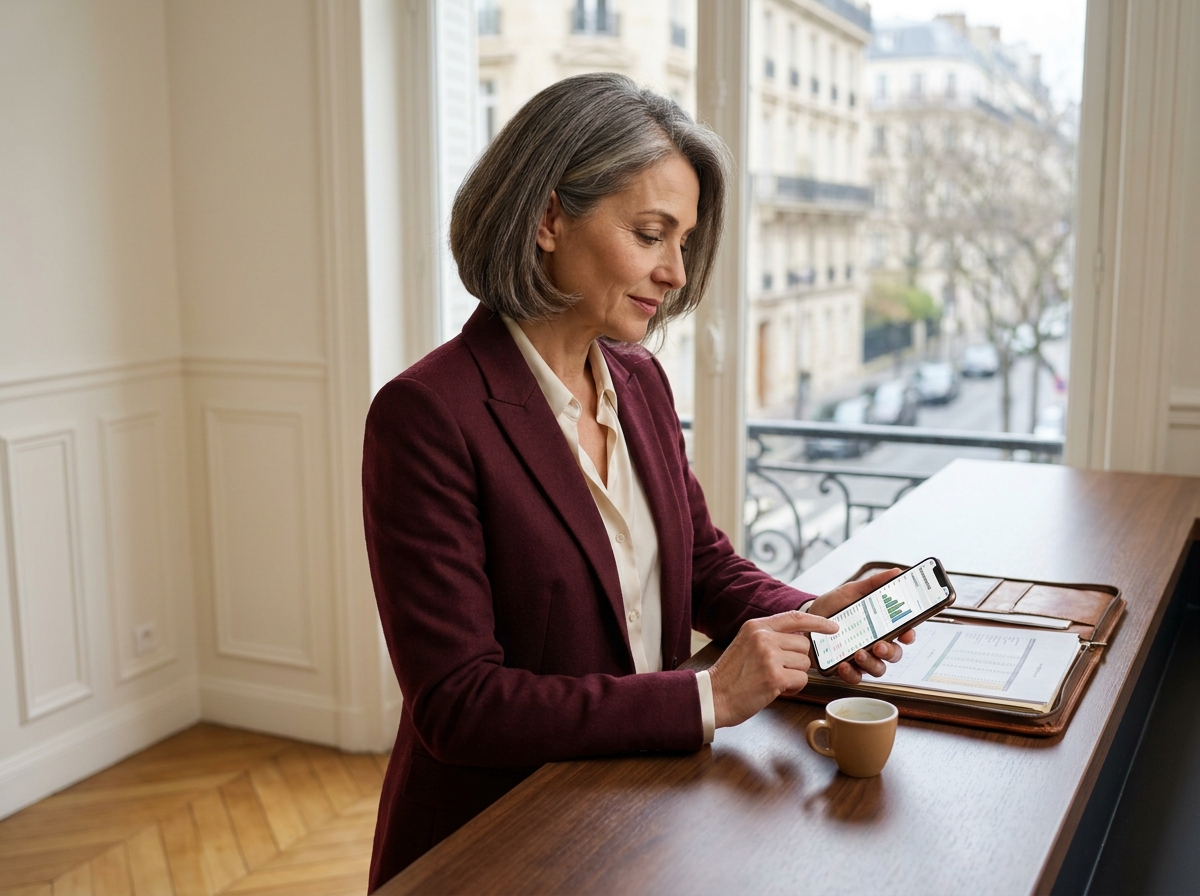 Professionnelle libérale consultant une application de suivi comptable sur smartphone dans le 16e arrondissement de Paris
