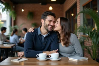 Un homme souriant dans un café pendant qu'une femme lui chuchote un surnom affectueux à l'oreille, ambiance chaleureuse et complice
