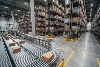 Système de convoyeur automatisé dans un entrepôt logistique moderne avec des boîtes en transit sur rail métallique
