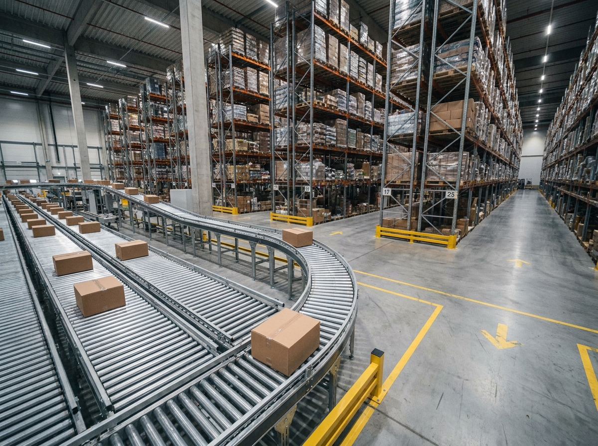 Système de convoyeur automatisé dans un entrepôt logistique moderne avec des boîtes en transit sur rail métallique