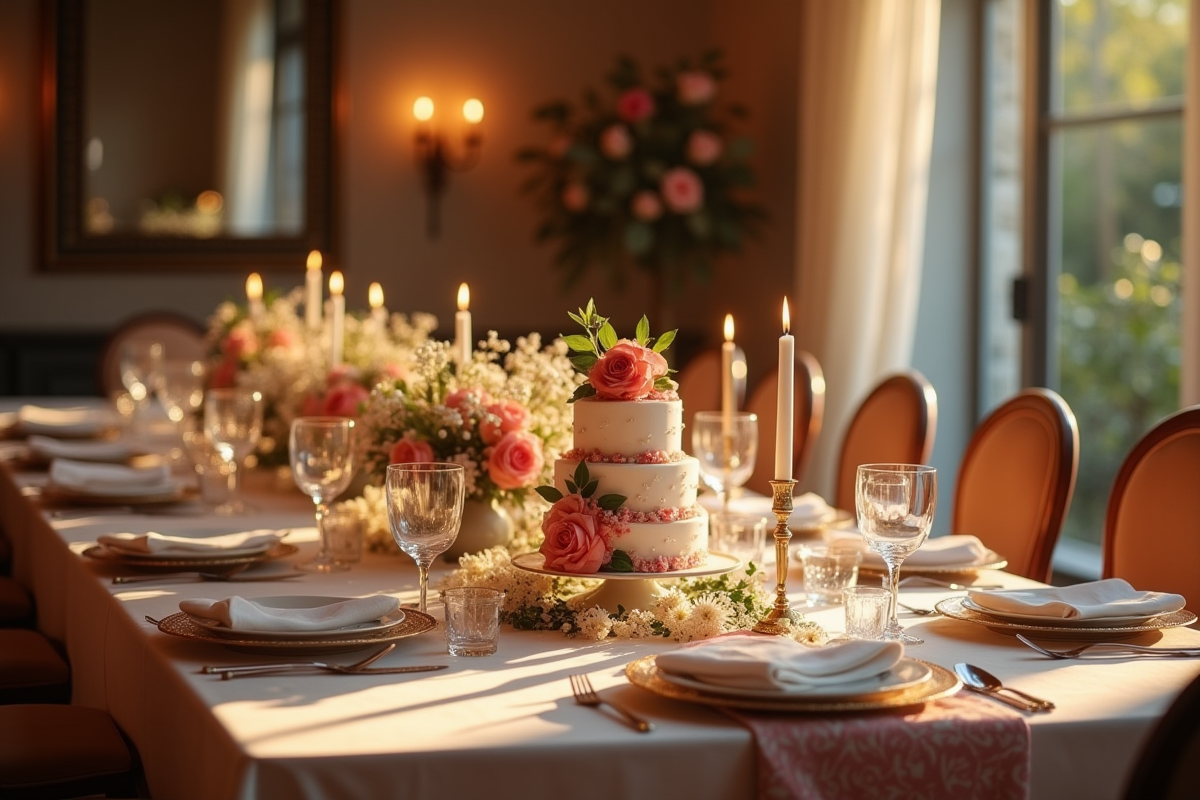 Table de fête intérieure avec fleurs bougies et gâteau