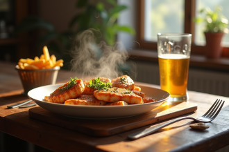 Table rustique avec carbonade flamande et frites