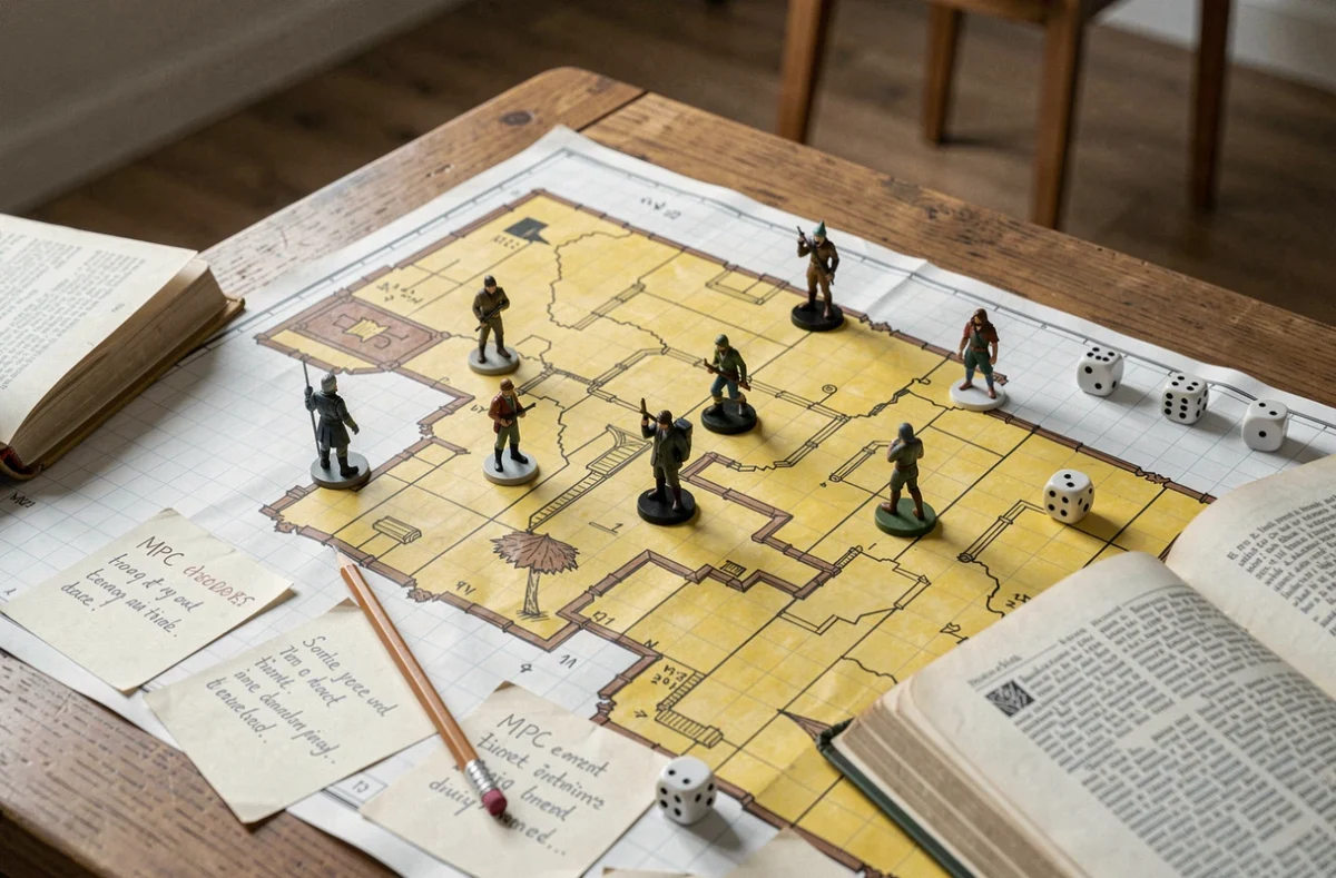 Vue en plongée d'une table de jeu de rôle avec carte de donjon, figurines et fiches de dialogues pour respecter l'ordre des interactions
