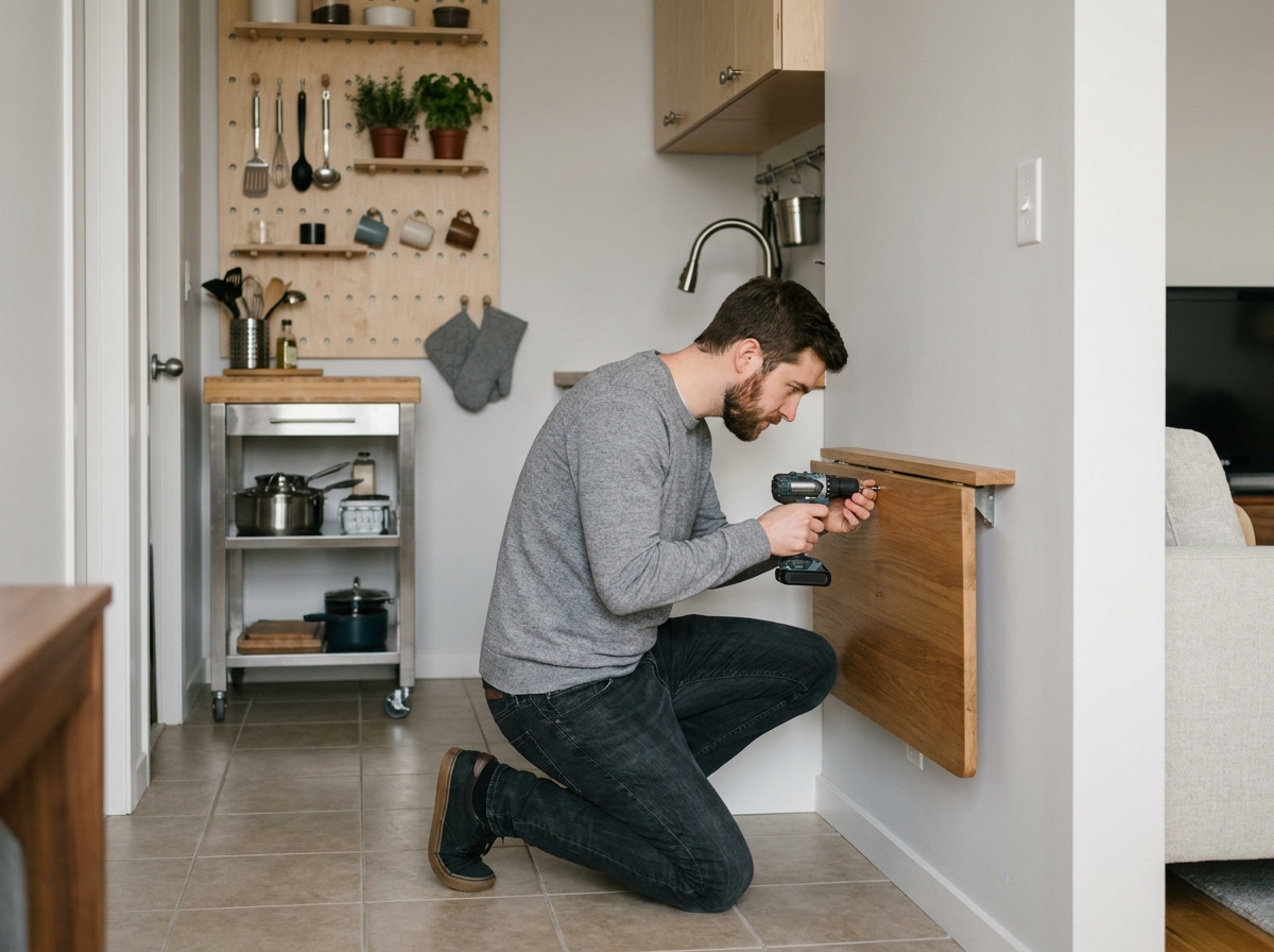 Homme installant une table murale rabattable dans une petite cuisine urbaine avec étagères ouvertes et rangements astucieux