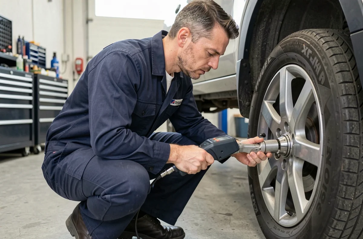 Technicien automobile serrant un boulon de roue avec une clé dynamométrique numérique dans un garage professionnel