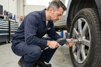 Technicien automobile serrant un boulon de roue avec une clé dynamométrique numérique dans un garage professionnel
