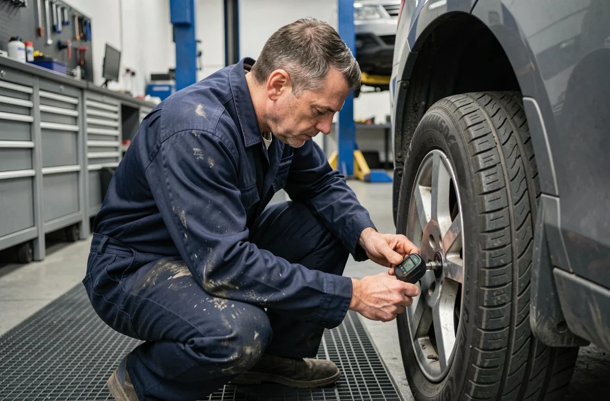 Technicien automobile vérifiant la pression des pneus avec un manomètre numérique dans un garage professionnel