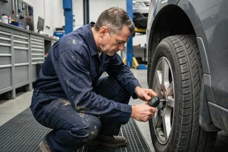 Technicien automobile vérifiant la pression des pneus avec un manomètre numérique dans un garage professionnel