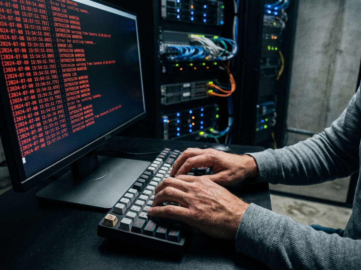 Technicien informatique tapant en urgence sur un clavier face à des alertes d'intrusion dans une salle serveurs