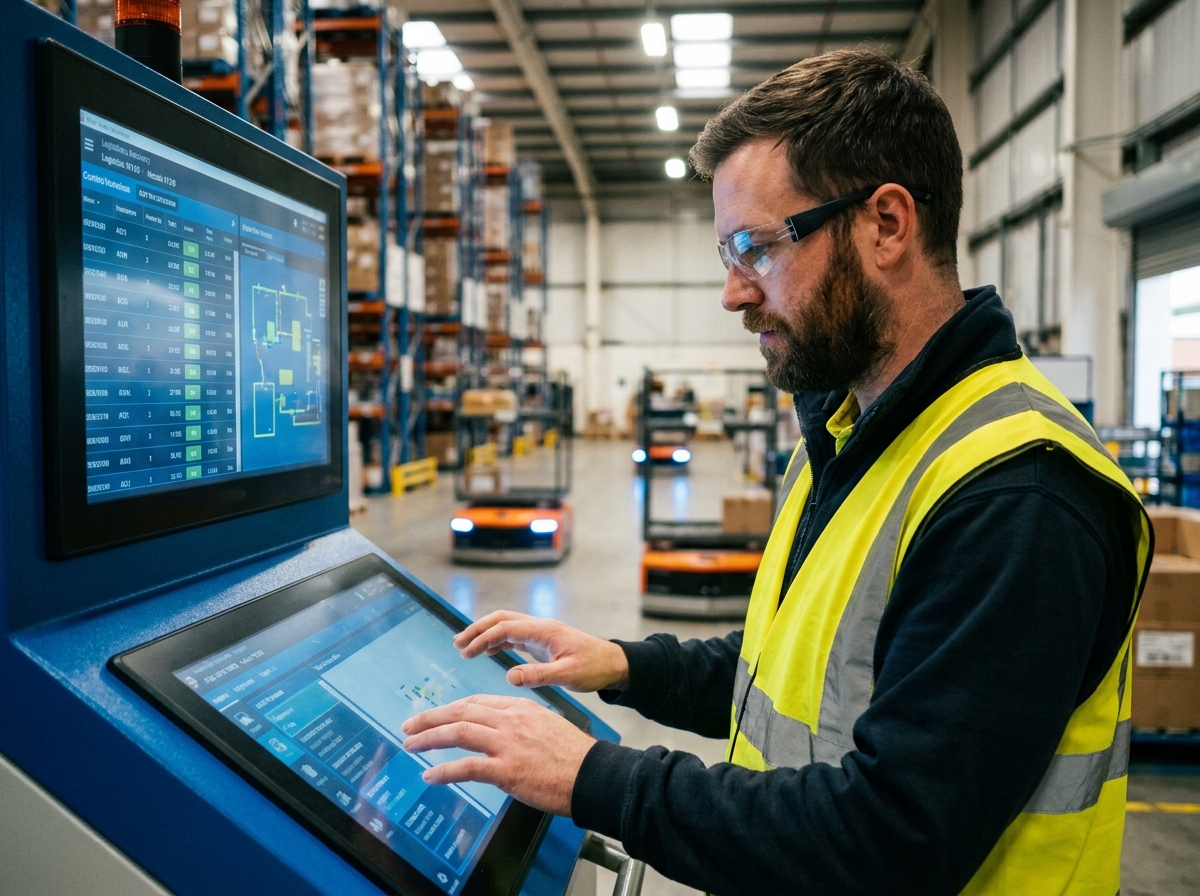 Technicien logistique supervisant un système de véhicules à guidage automatique depuis un panneau de contrôle numérique