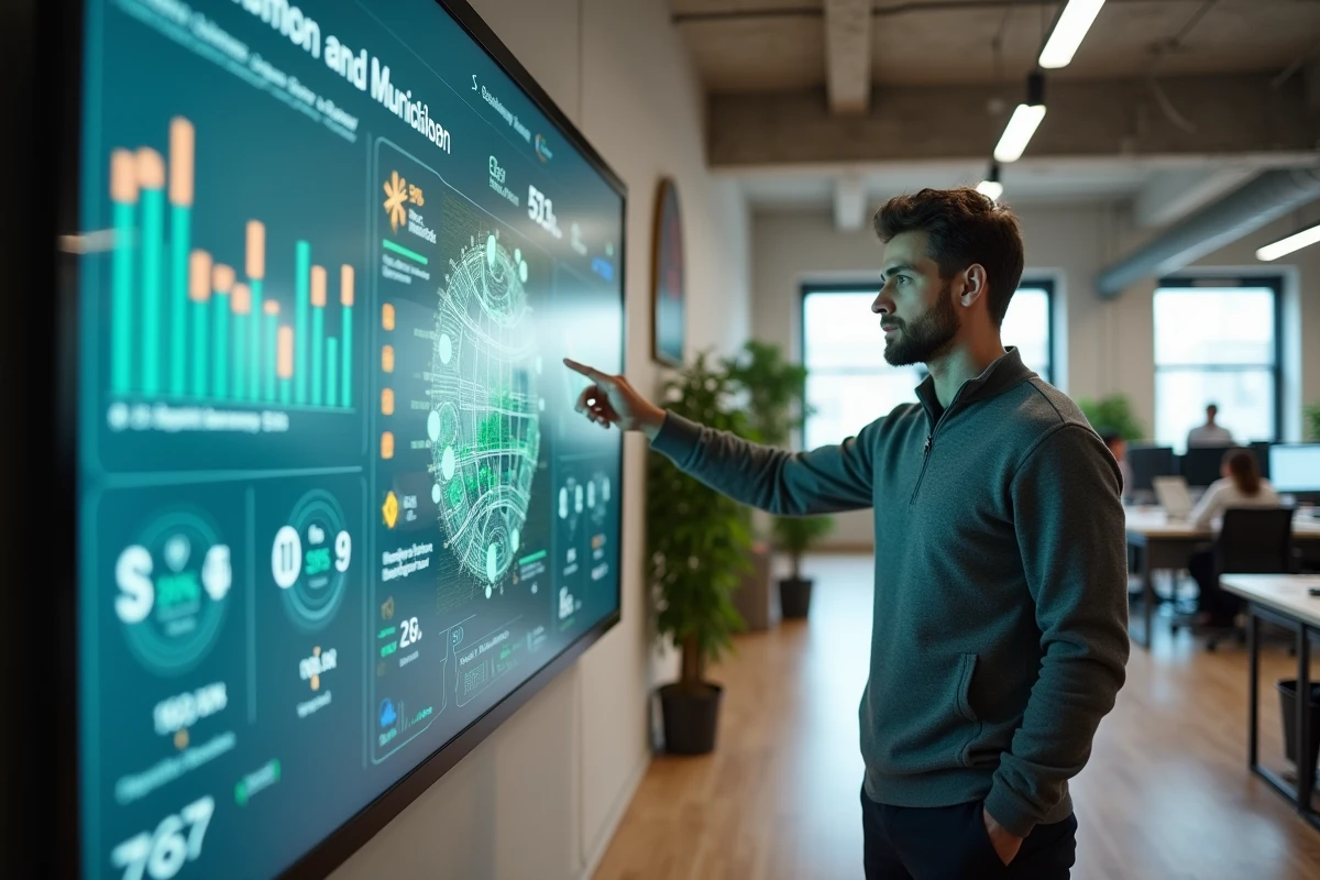 Technicien de collectivité présentant un tableau de bord numérique de gestion de l'énergie municipale sur grand écran