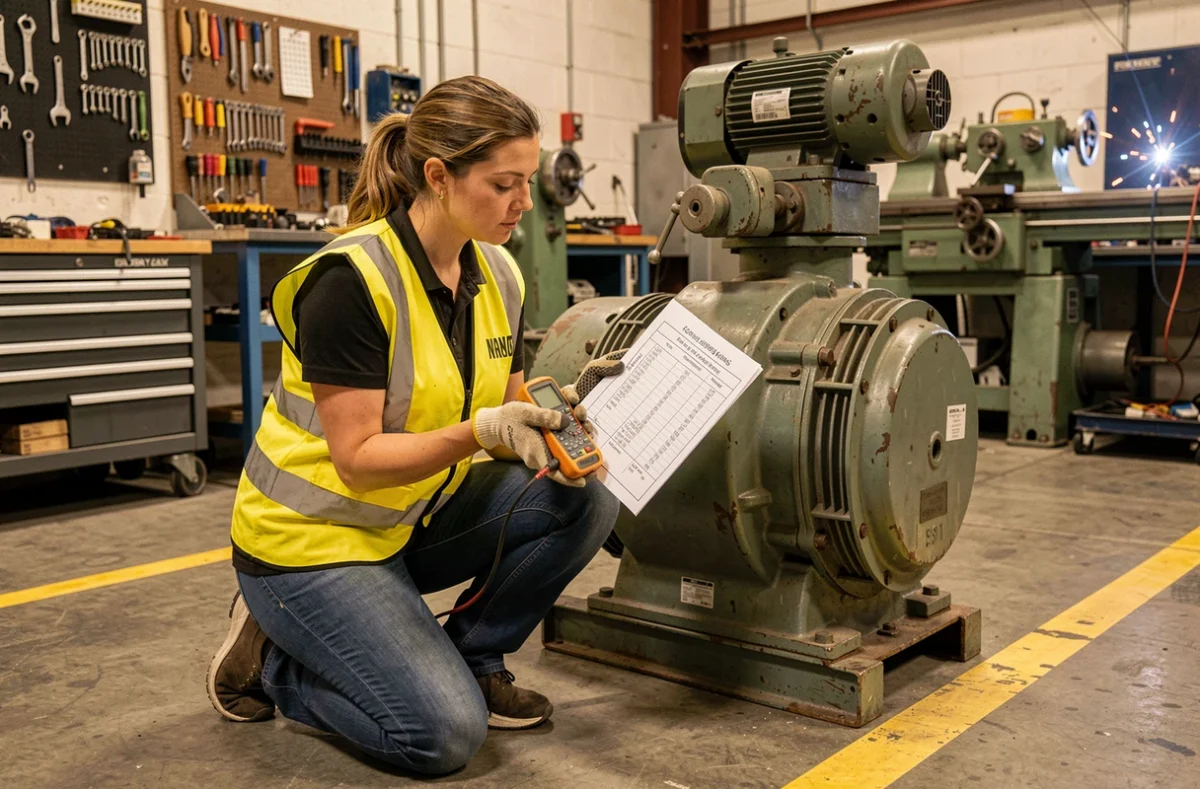 Technicienne de maintenance consultant un guide de calibrage de disjoncteur triphasé pour un compresseur industriel