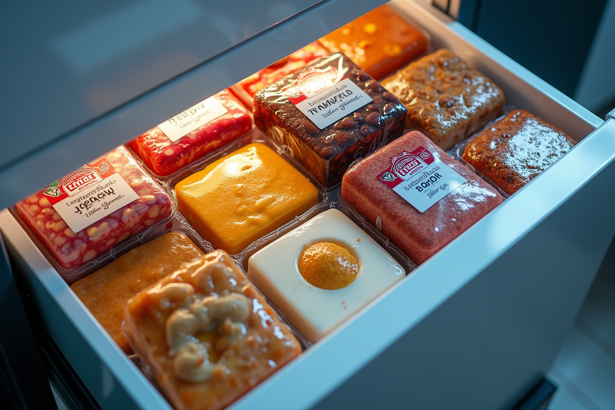 Tiroir de congélateur organisé avec repas et desserts surgelés