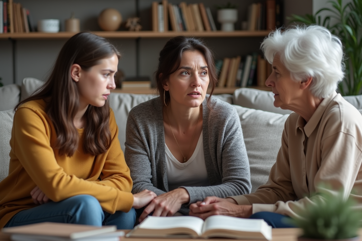 Trois générations de femmes en discussion dans un salon moderne