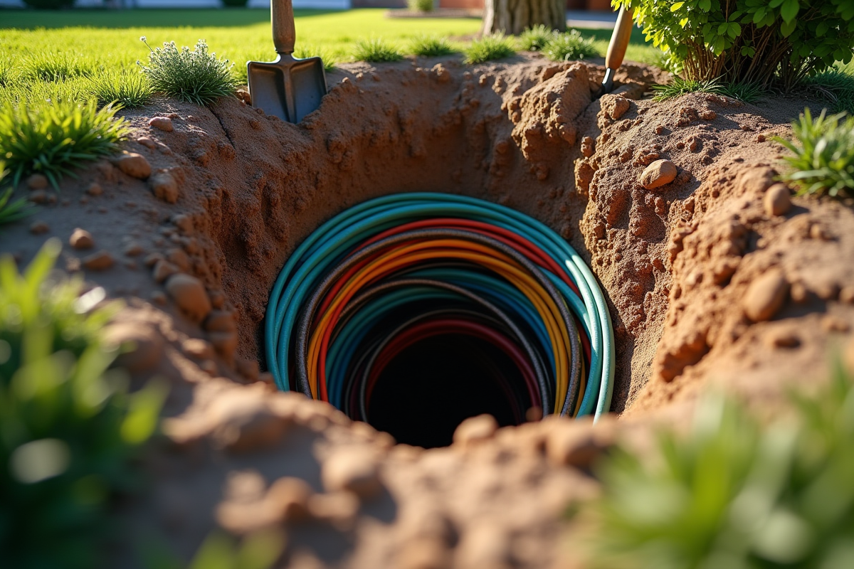 Trou dans le jardin montrant tuyaux et cables souterrains colorés