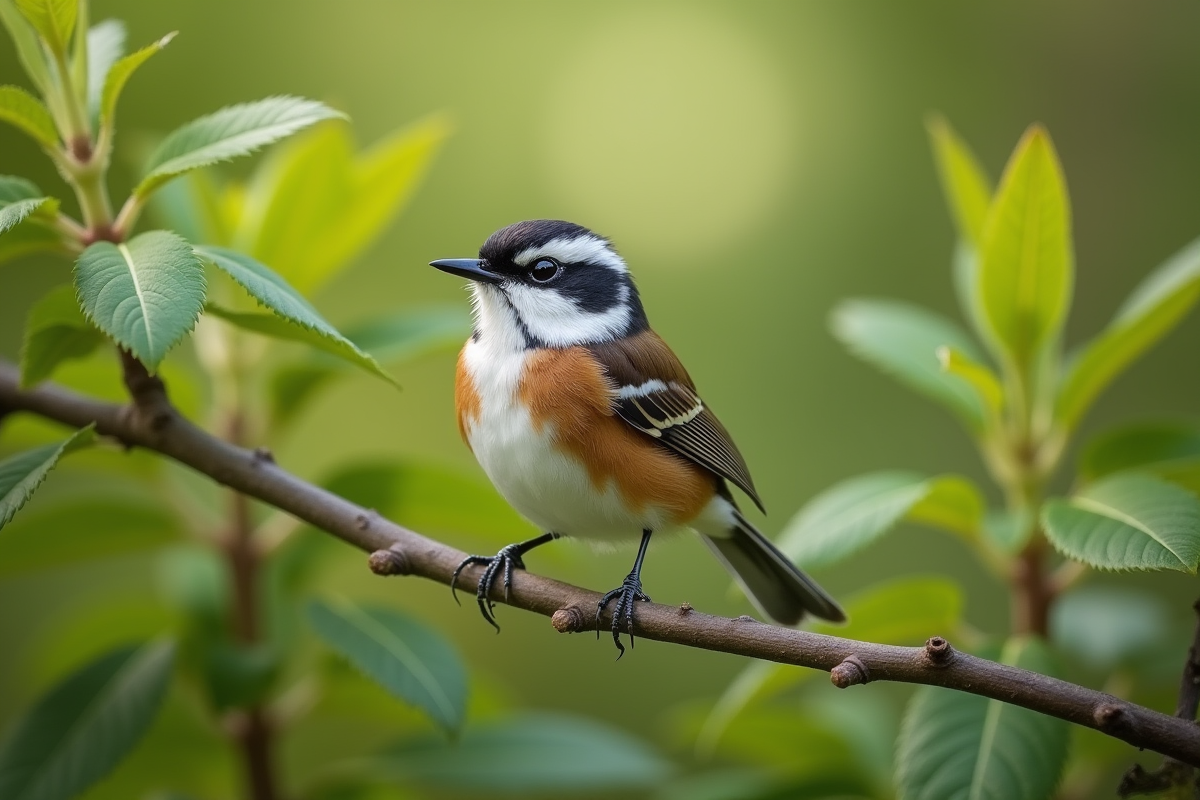 Fauvette à ailes colorées perchée sur une branche verte