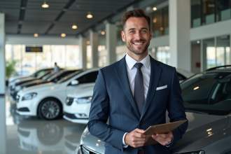 Vendeur automobile souriant dans un showroom moderne