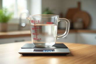 Verre mesureur rempli à 100 ml d'eau sur planche en bois