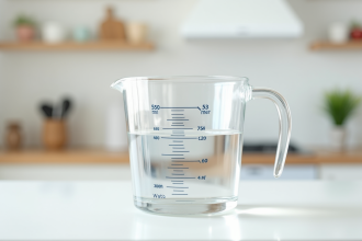 Verre mesureur avec 450 ml d'eau sur plan de cuisine lumineux