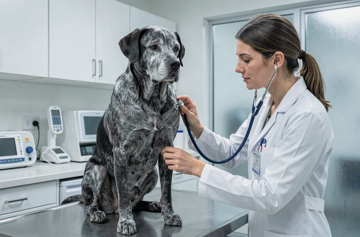 Vétérinaire examinant un labrador âgé en consultation clinique, représentant les soins médicaux couverts par une assurance chien senior